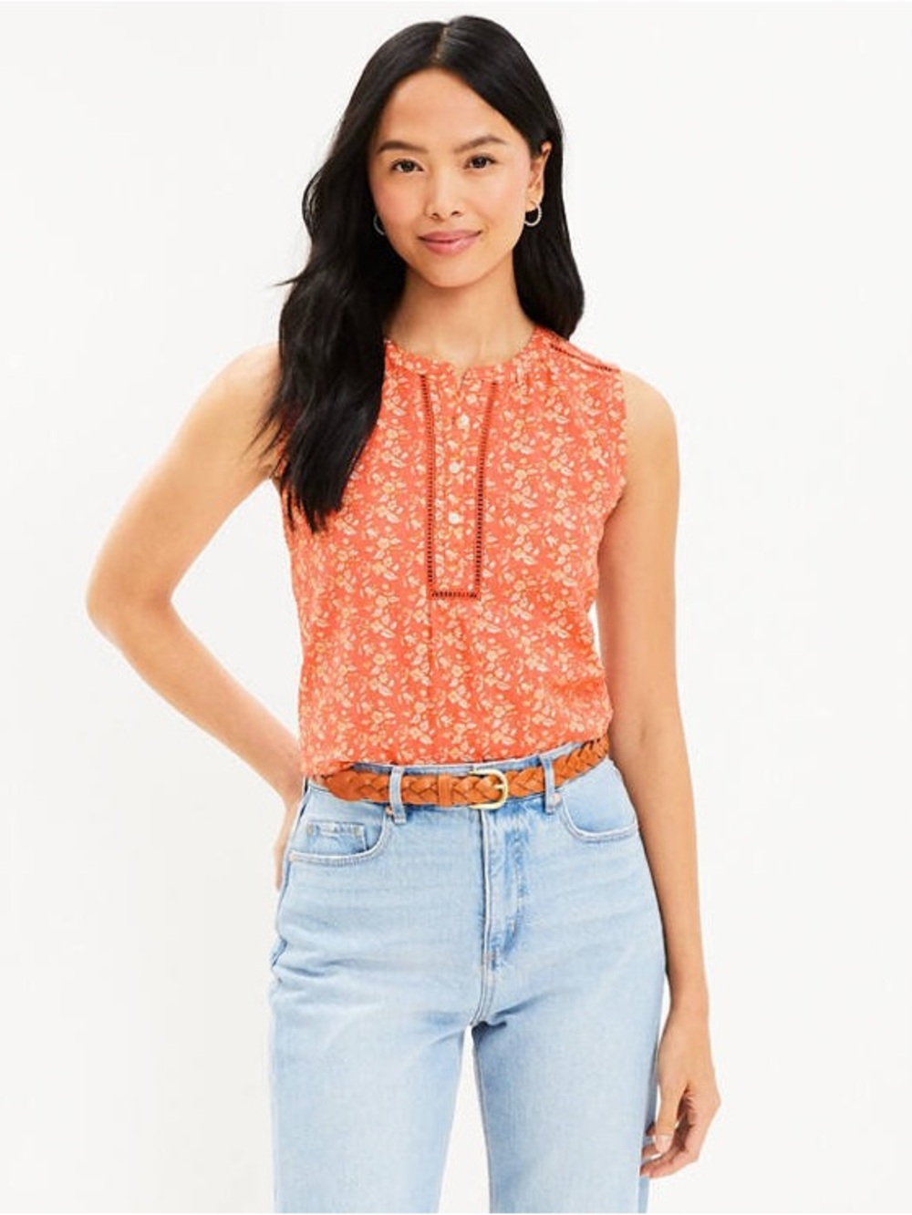 LOFT Coral and Cream Floral Sleeveless Split-Neck Top